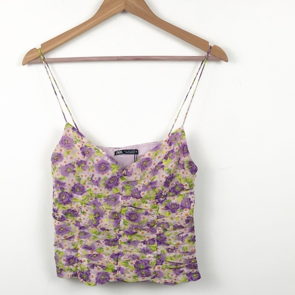 NWT Zara Bloggers Favorite Floral Ruched Spaghetti Strap Tank Top Size Small - Picture 7 of 16